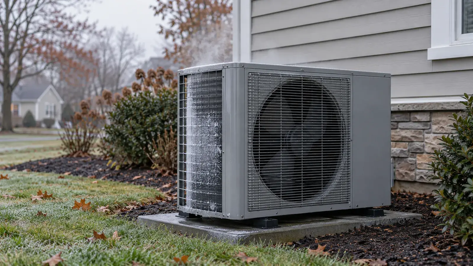 Residential air-source heat pump releasing a small plume of water vapor during a light-frost defrost cycle